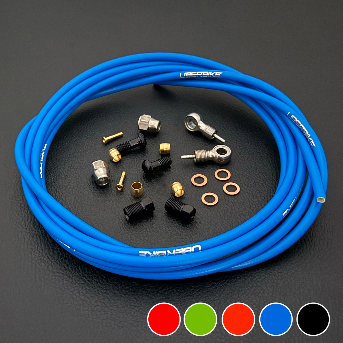 SRAM Guide T A1 blue hydraulic brake hose kit with straight connector stealthmajig fittings and Uberbike branding on a black background