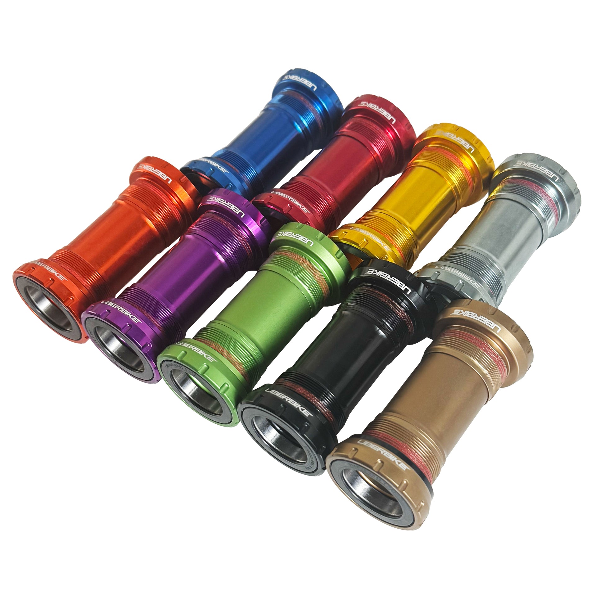 9 different coloured steel sram DUB bottom brackets on a white background