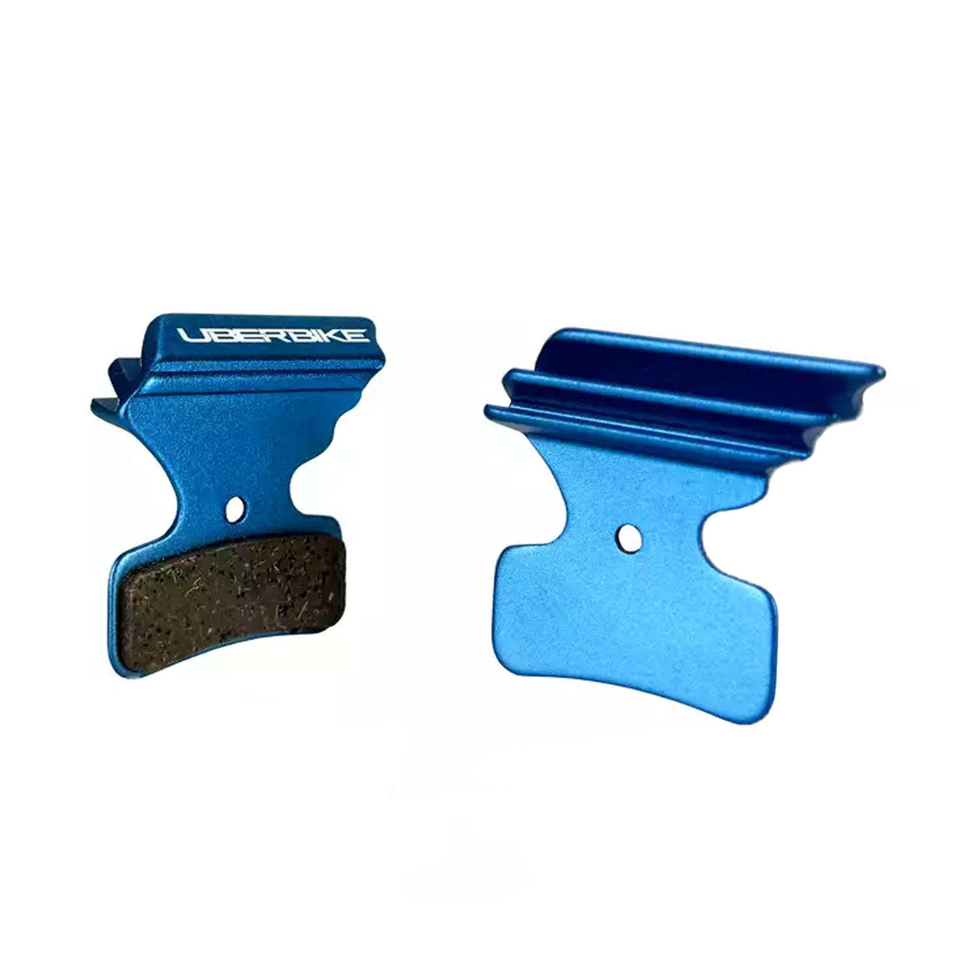 Blue finned TRP DH R Evo disc brake pads on a white background