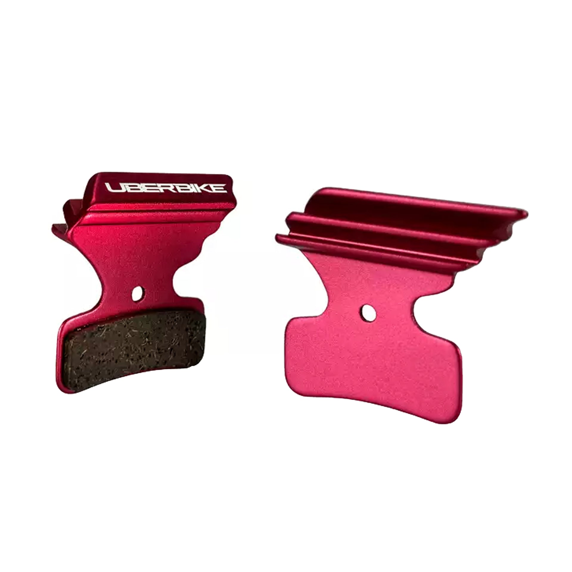 Red finned TRP DH R Evo disc brake pads on a white background