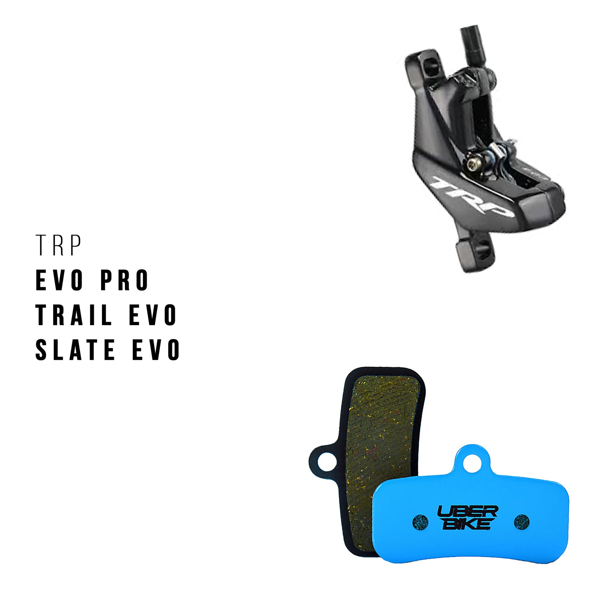 TRP EVO Pro Trail EVO brake calipers with uberbike branding on a white background