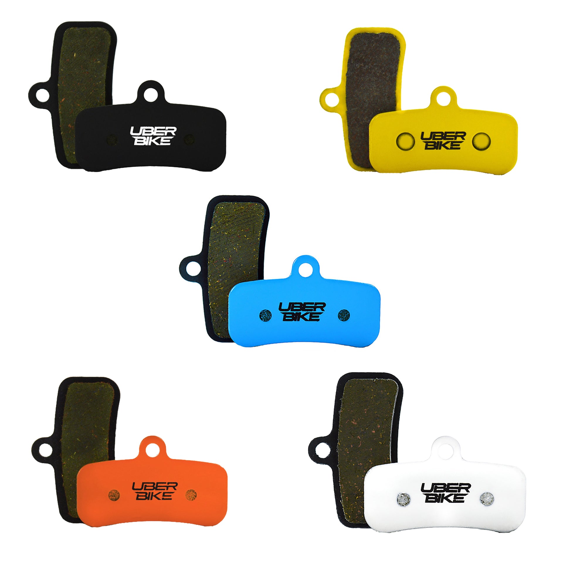 5 different coloured disc brake pads for TRP Evo Pro brake systems on a white background