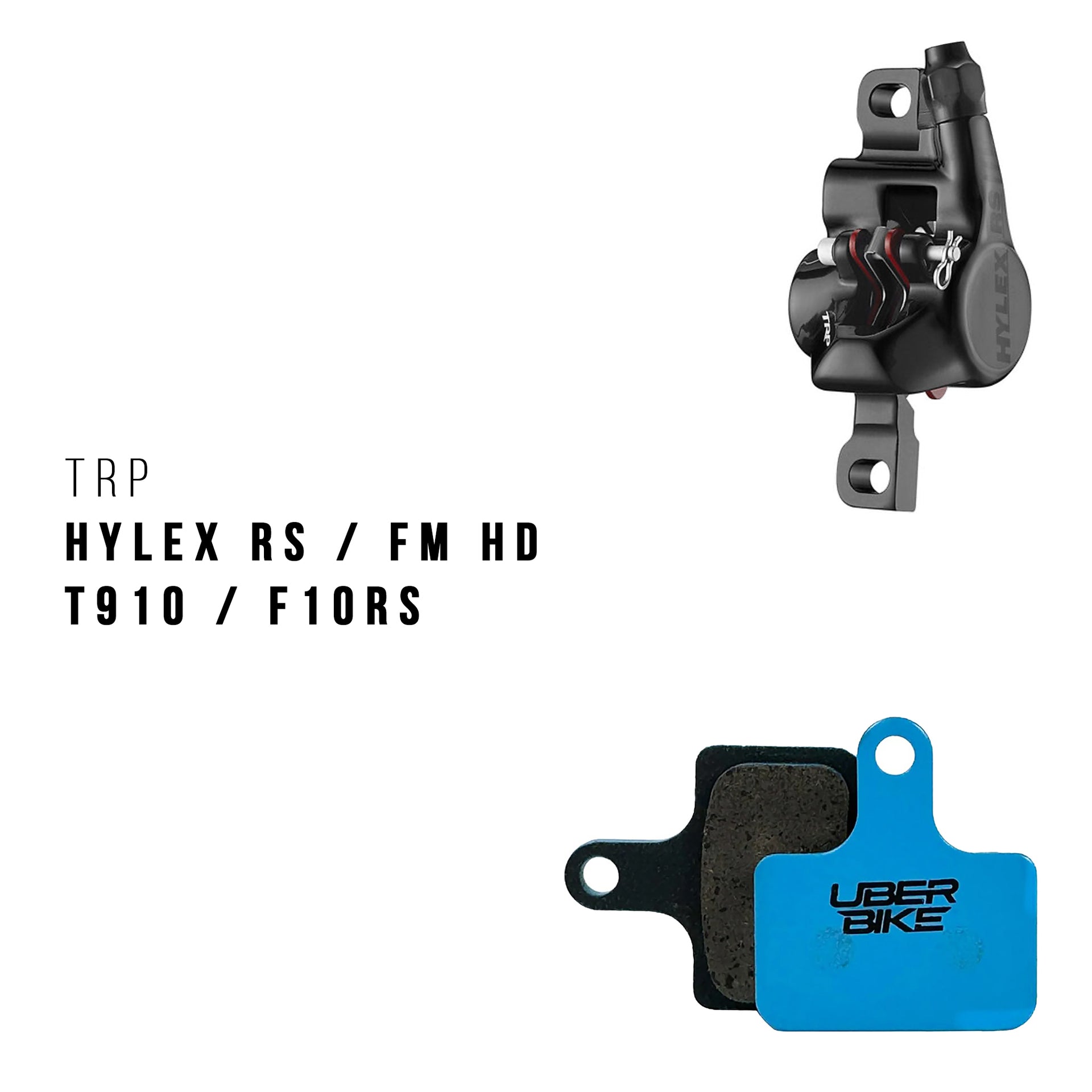 TRP Hylex brake caliper with UberBike brake pads on a white background