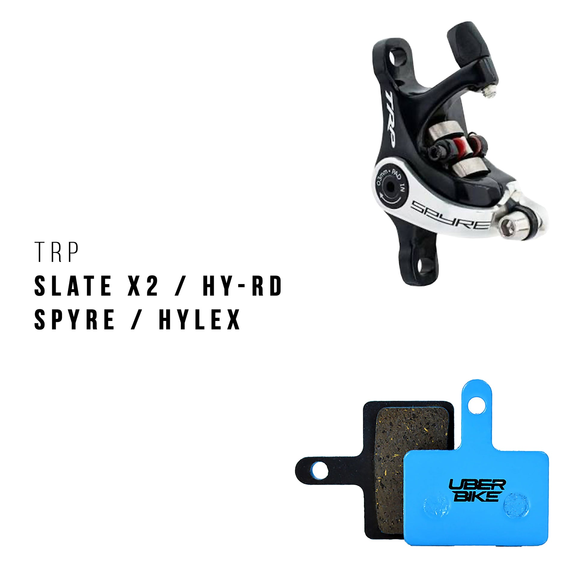 TRP Spyre brake caliper with Uberbike brake pads on a white background