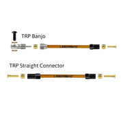a diagram showing all the brake fittings for trp kevlar braid hydraulic brake hose kits on a white background