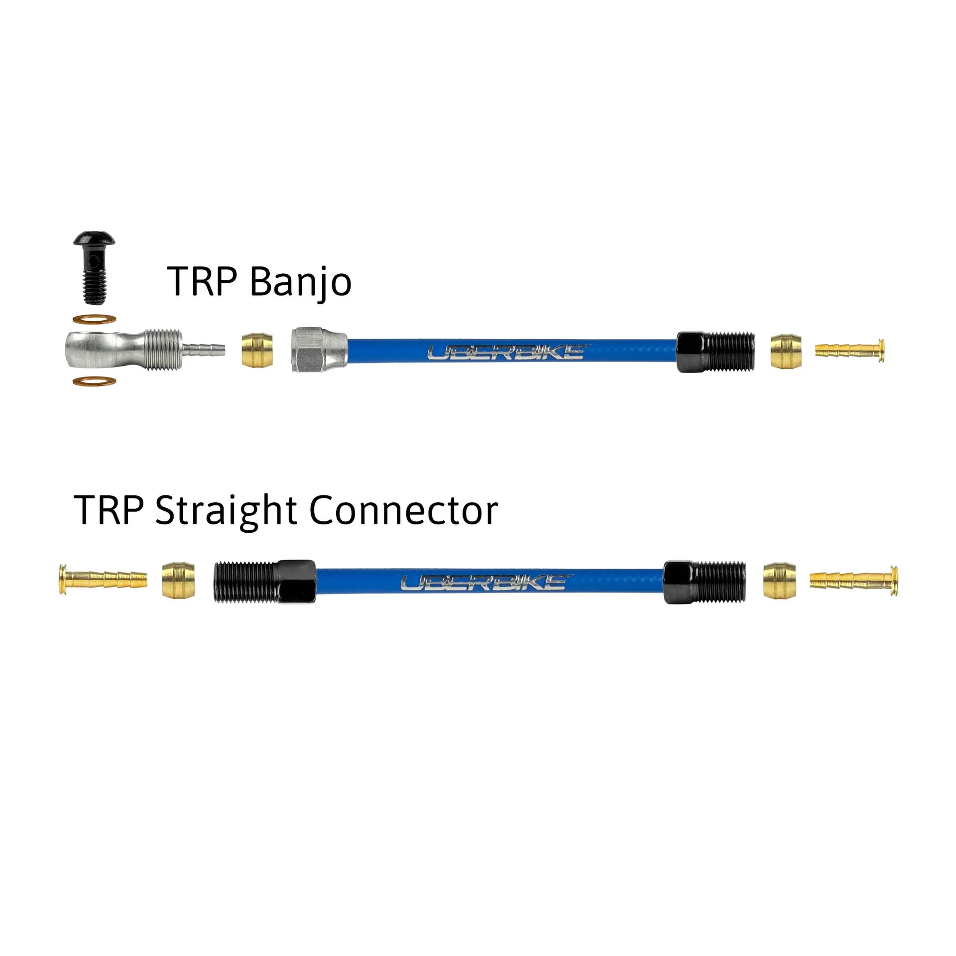 a diagram showing all the brake fittings for trp hydraulic brake hose kits on a white background