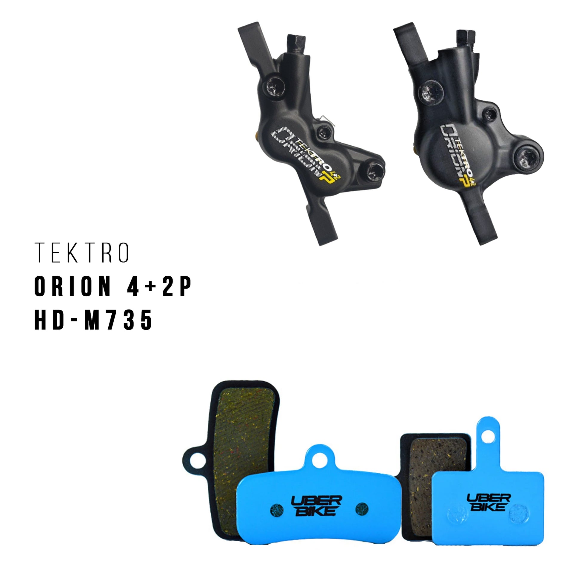 Bicycle brake components with Tektro Orion 4+2P and Uber Bike brake pads  on a white background