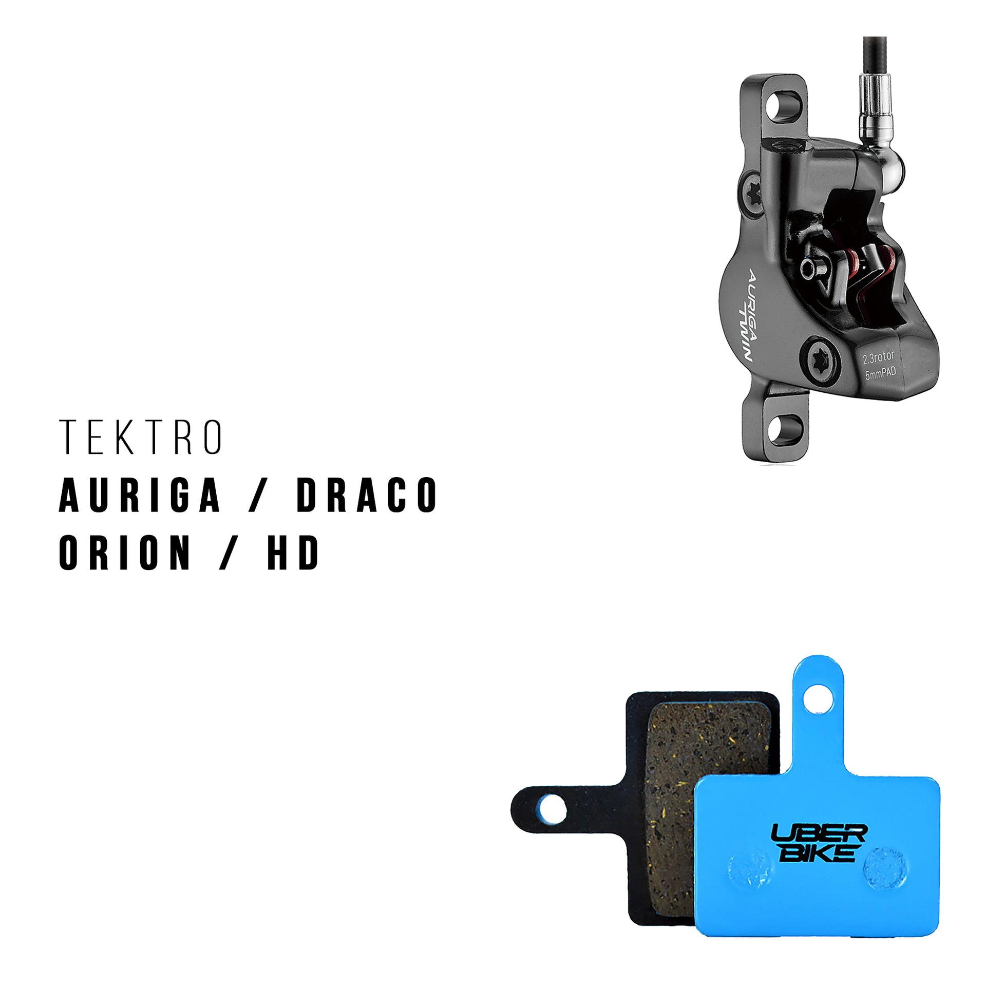 Bicycle brake caliper  with Tektro branding with Uberbike brake pads on a white background