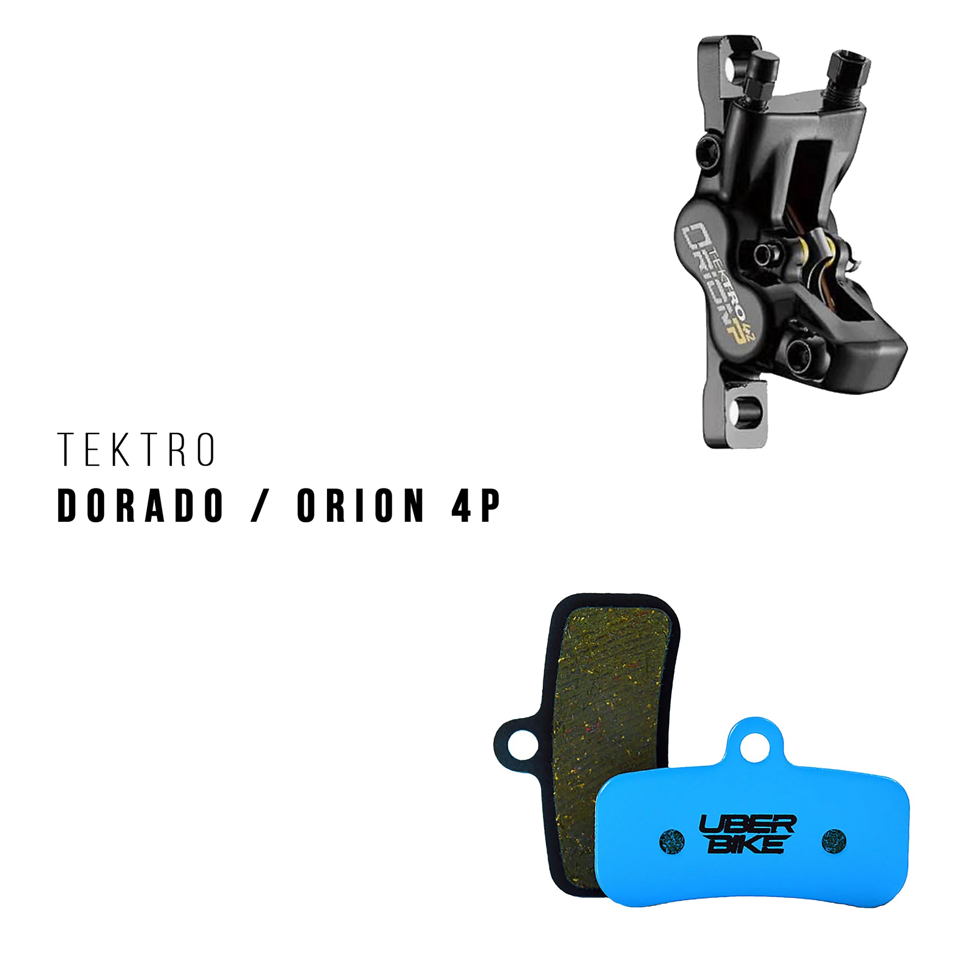 Bicycle brake caliper and pads on a white background with 'TEKTRO' branding.