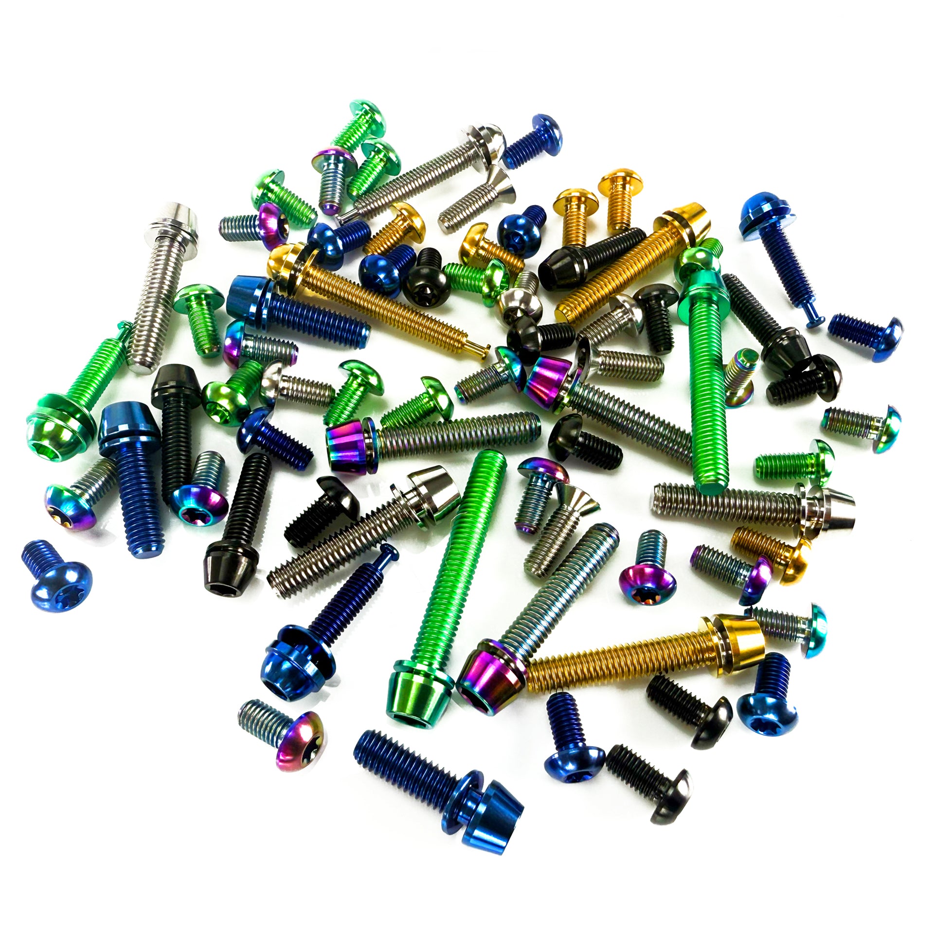A range of titanium bolts in various colours on a white background