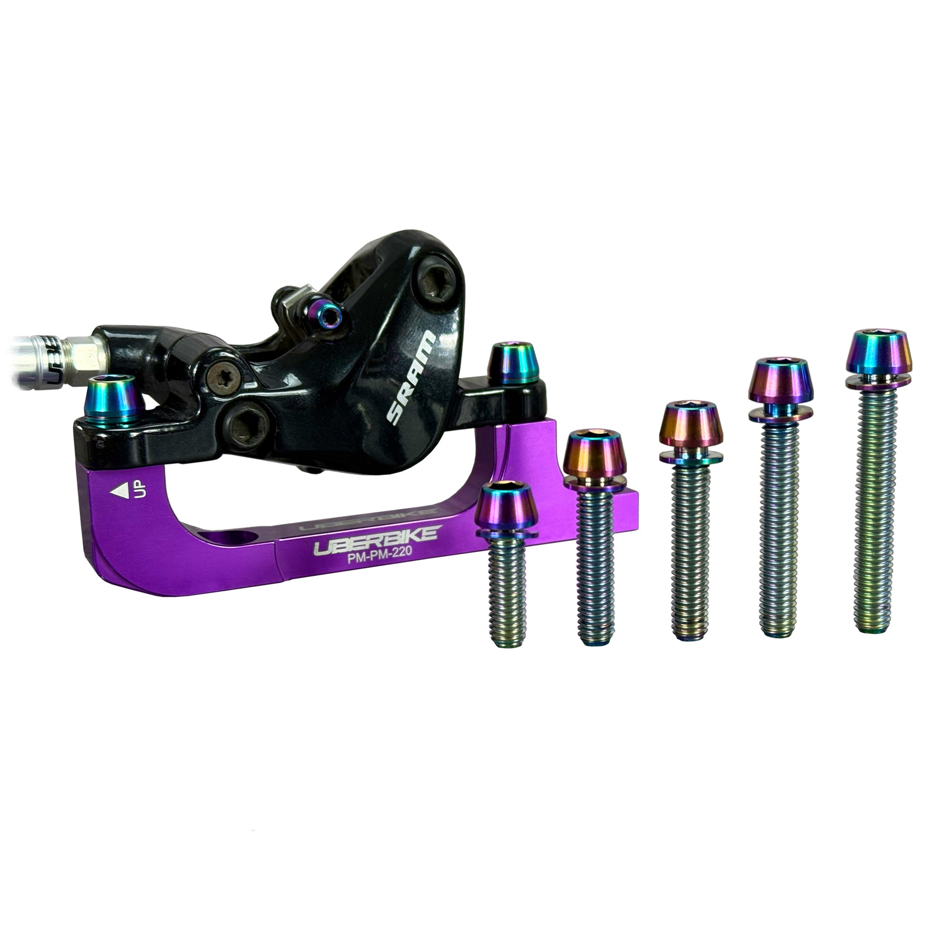 Oil slick coloured titanium mount bolts with caliper and brake adapter on a white background