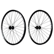 Two mtb wheels with 25mm diameter and 27.5inch, with hubs and spokes on a white background