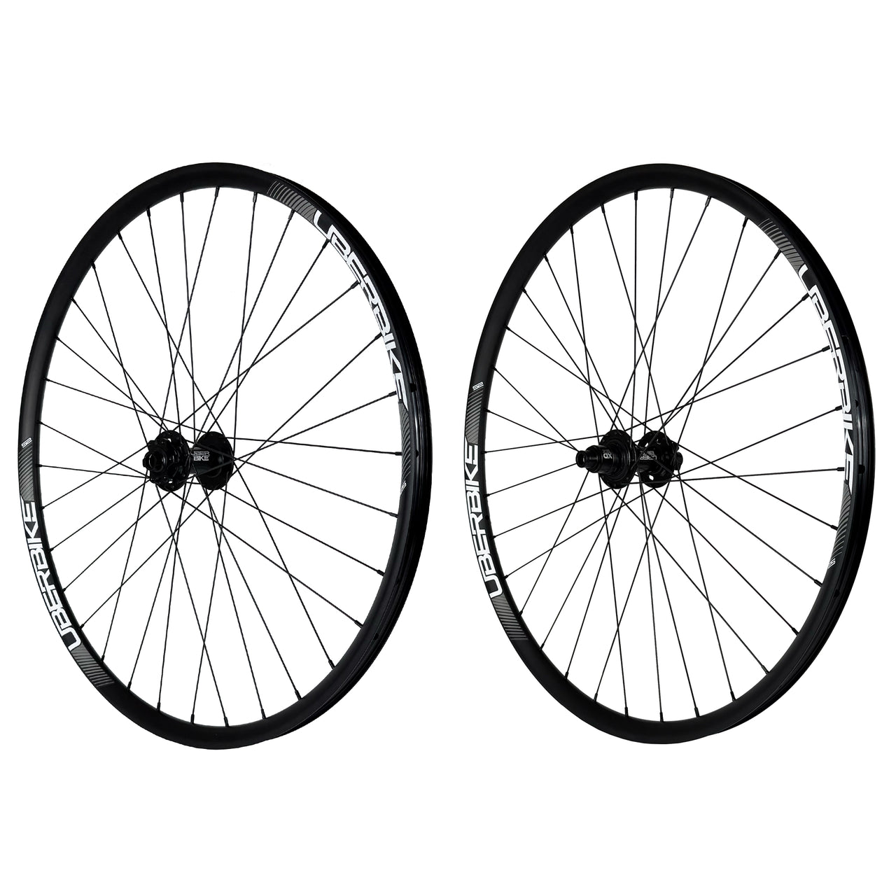 Two bicycle wheels with 25mm diameter and 27.5inch, with hubs and spokes on a white background
