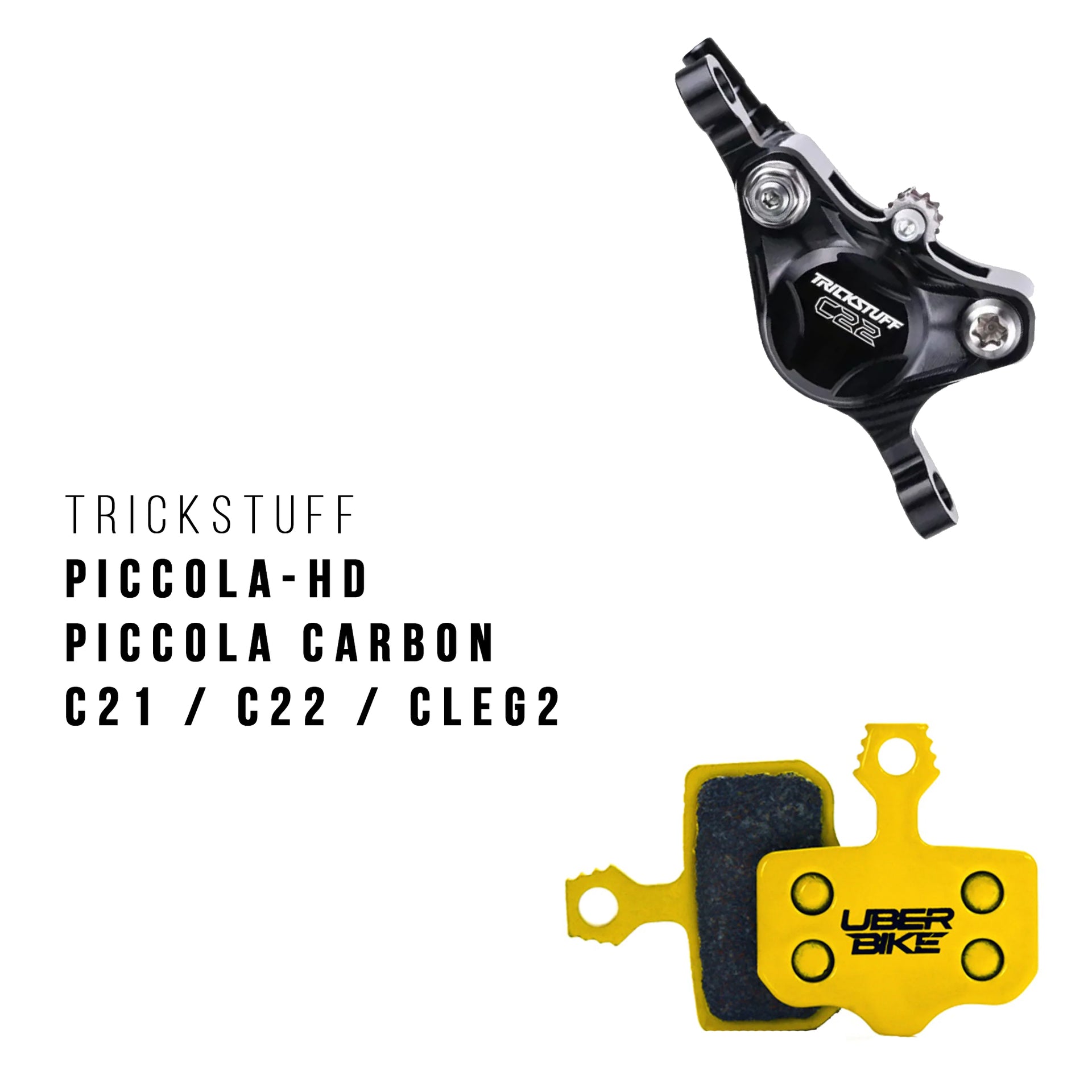 Trickstuff C22 brake caliper with Uberbike branded brake pads on a white background 