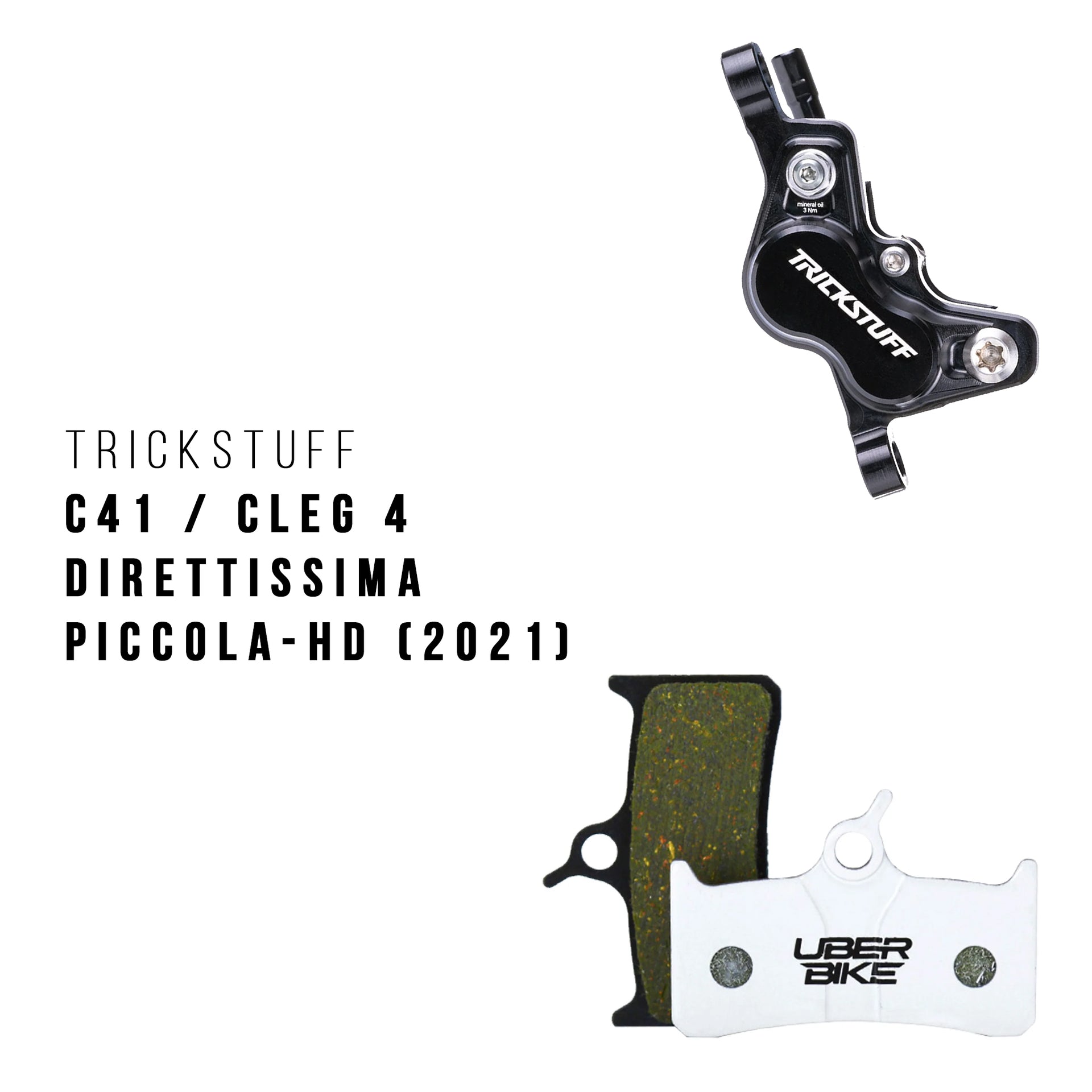 Trickstuff cleg 4 components with uberbike branded brake pads on a white background