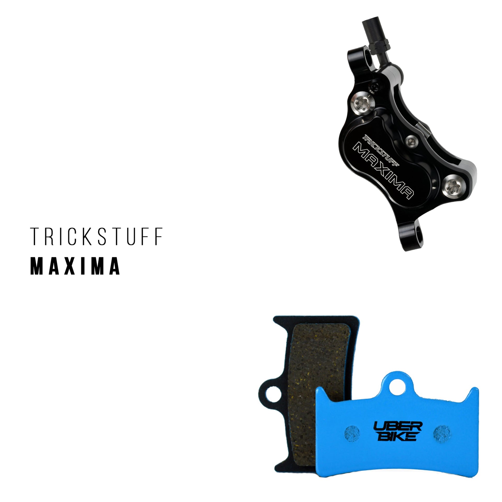 Trickstufff maxima brake caliper with Uberbike branded brake pads on a white background