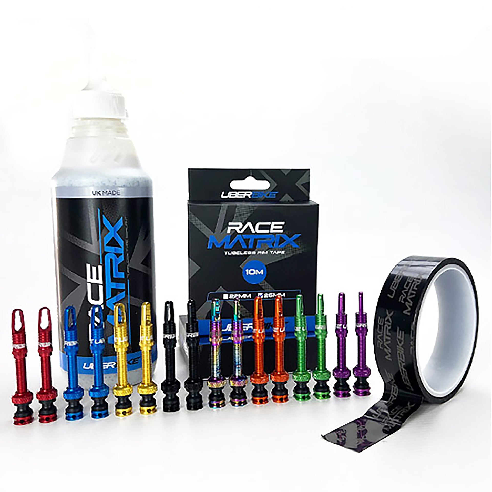 A variety of different coloured rim valves, with rime tape and tubeless tyre sealant on a white background