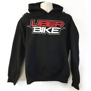 Hoodie on a mannequin with Uberbike branding on a white background