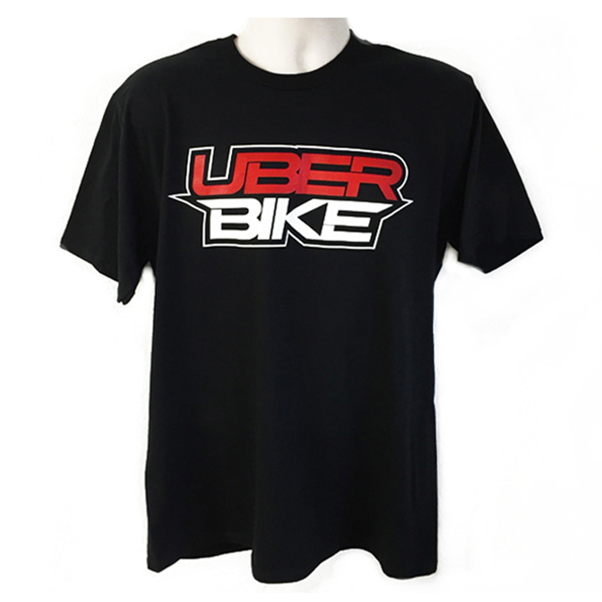 tshirt on a mannequin with Uberbike branding on a white background