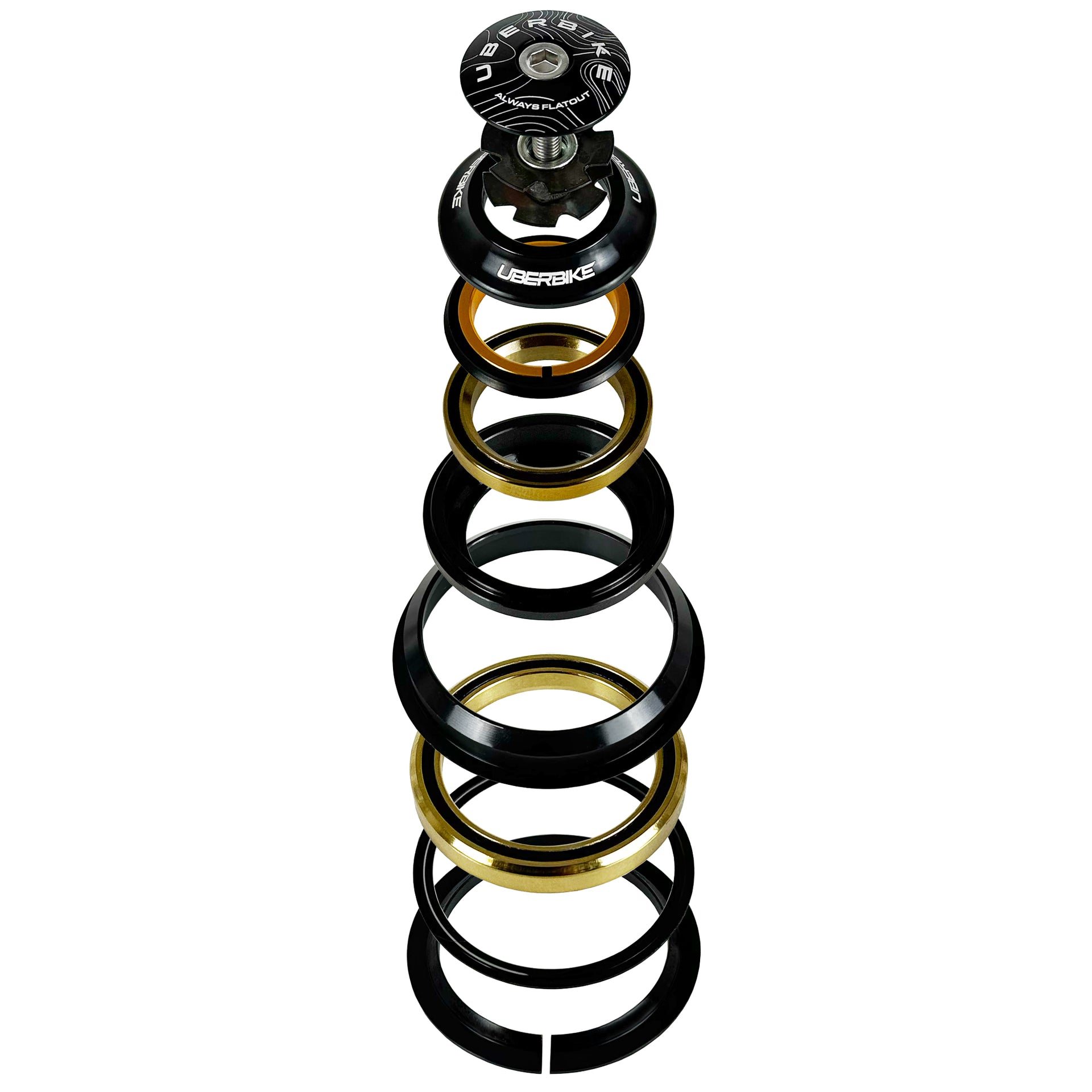 an exploded diagram of black zero stack headset components on a white background