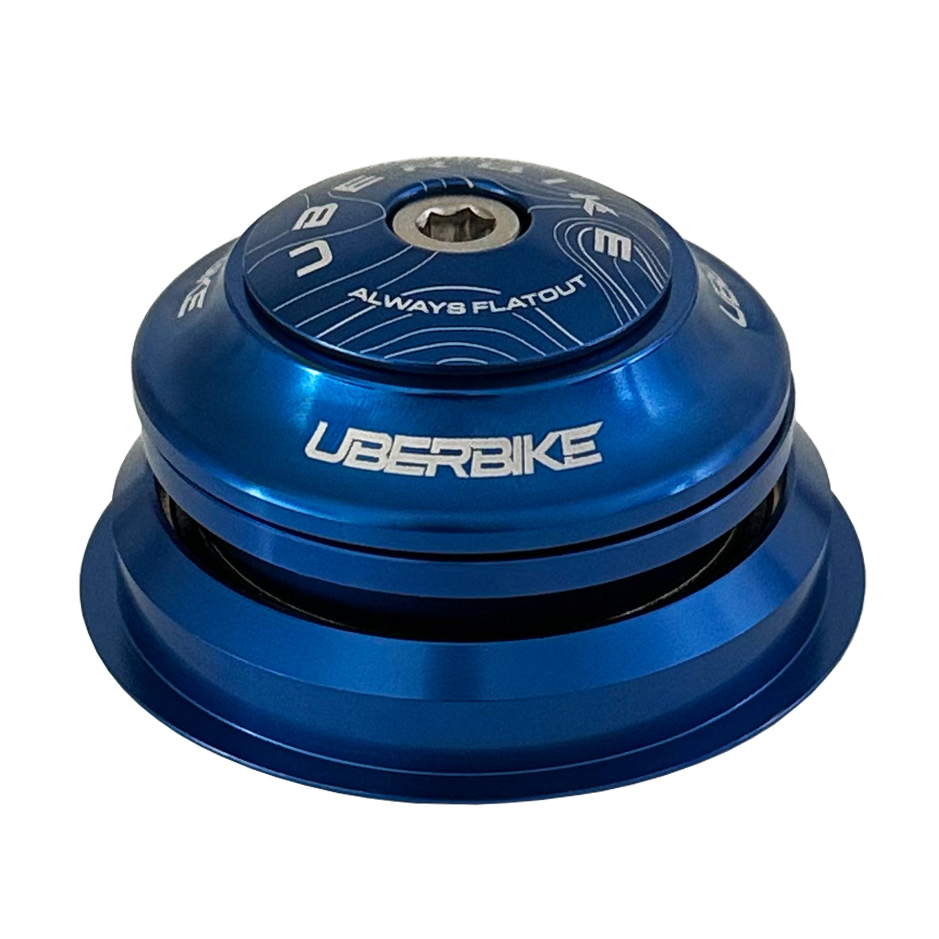 Zero Stack Headset in blue with Uberbike branding on a white background