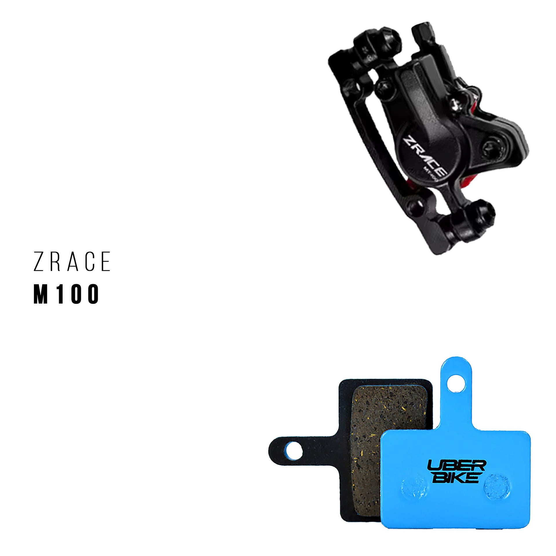 ZRACE M100 brake caliper with Uberbike brake pads on a white background 