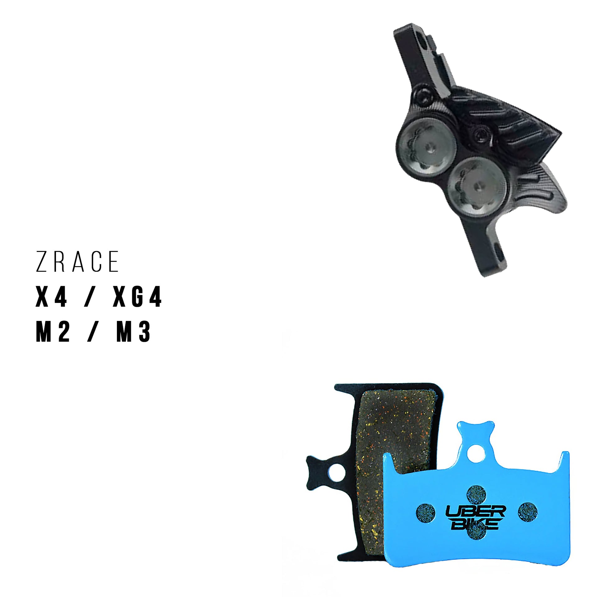 Zrace x4 brake caliper with Uberbike branded brake pads on a white background