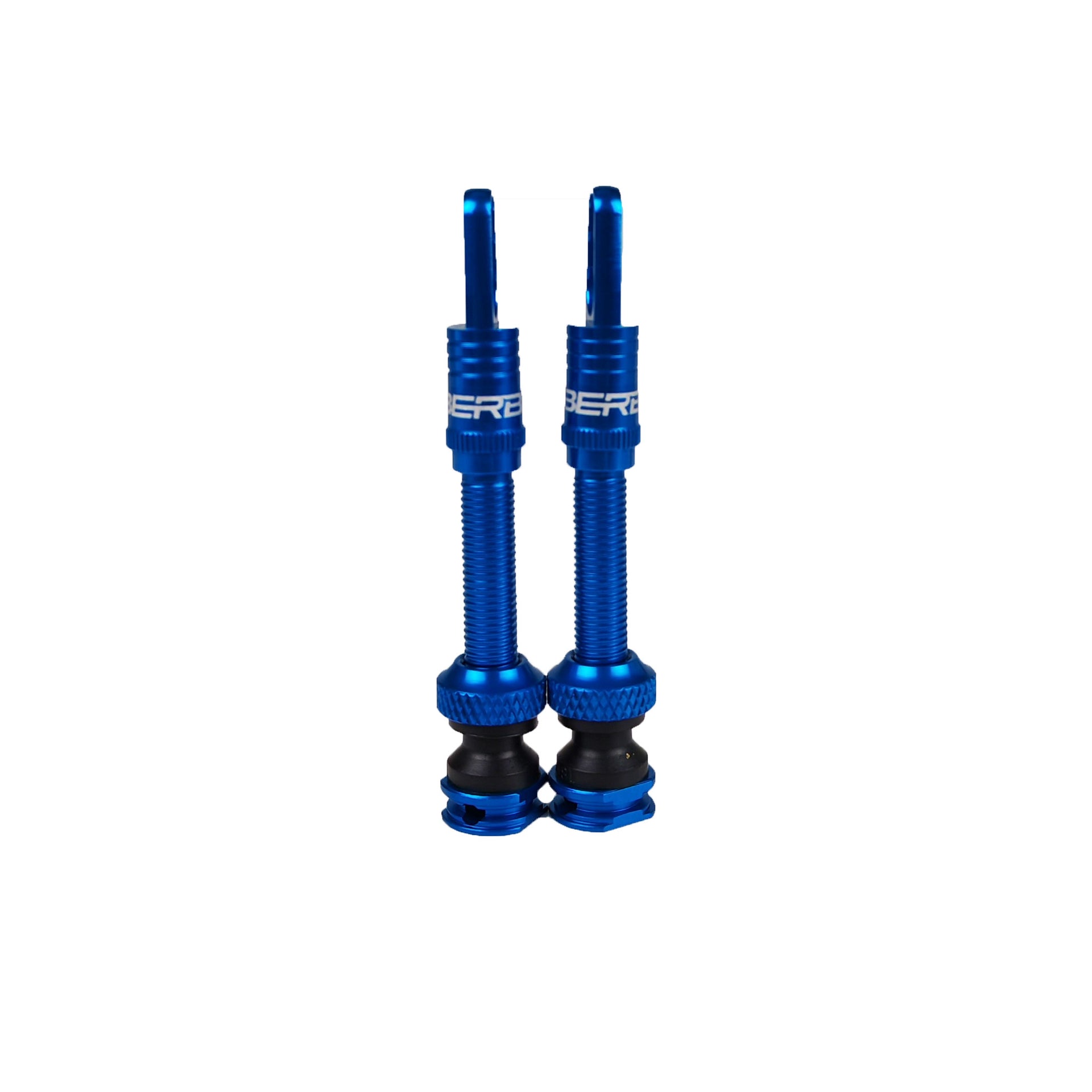 Two blue bicycle valves on a white background