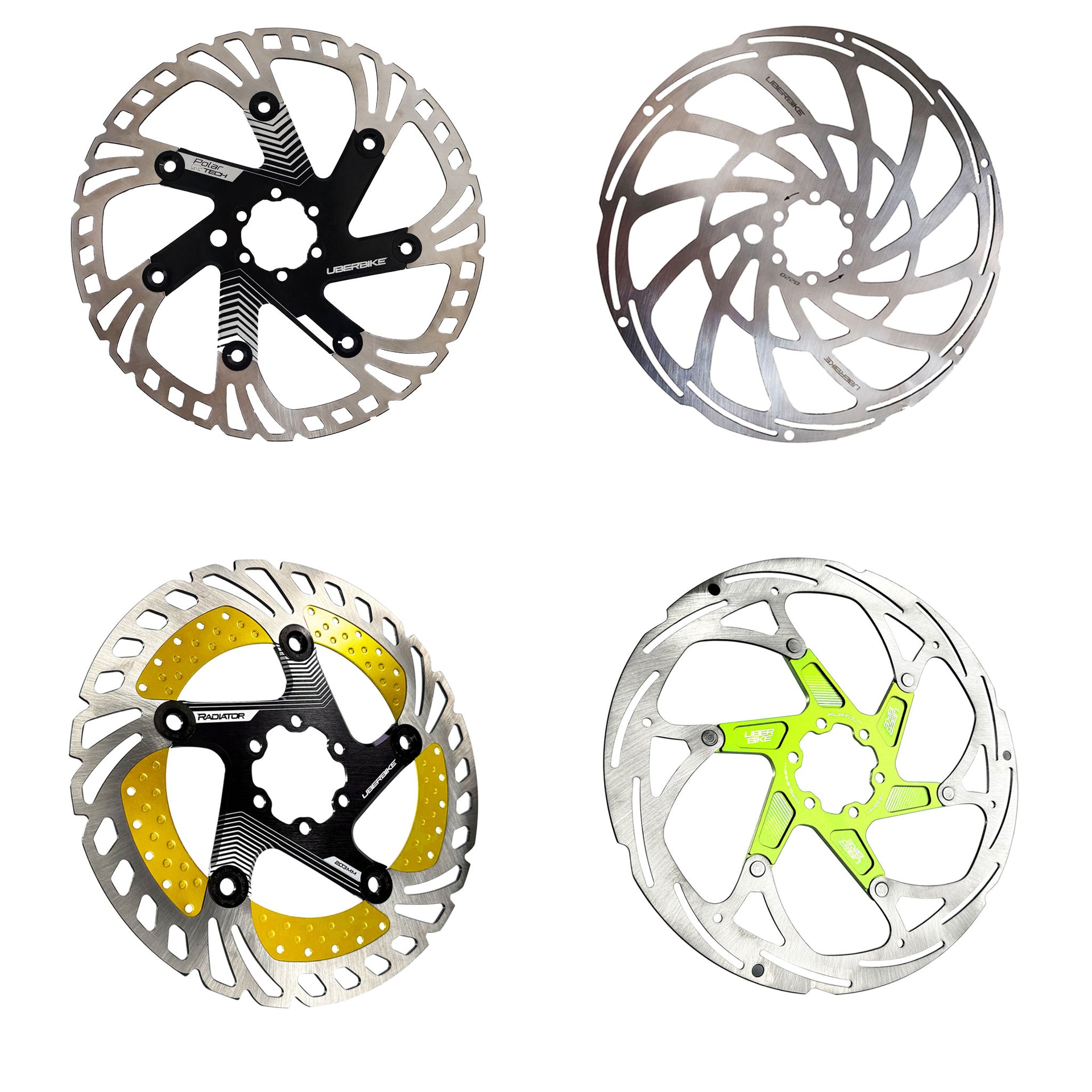 Uberbike mountain bike disc brake rotors, in 180mm, 203mm and 220mm sizes on a white background
