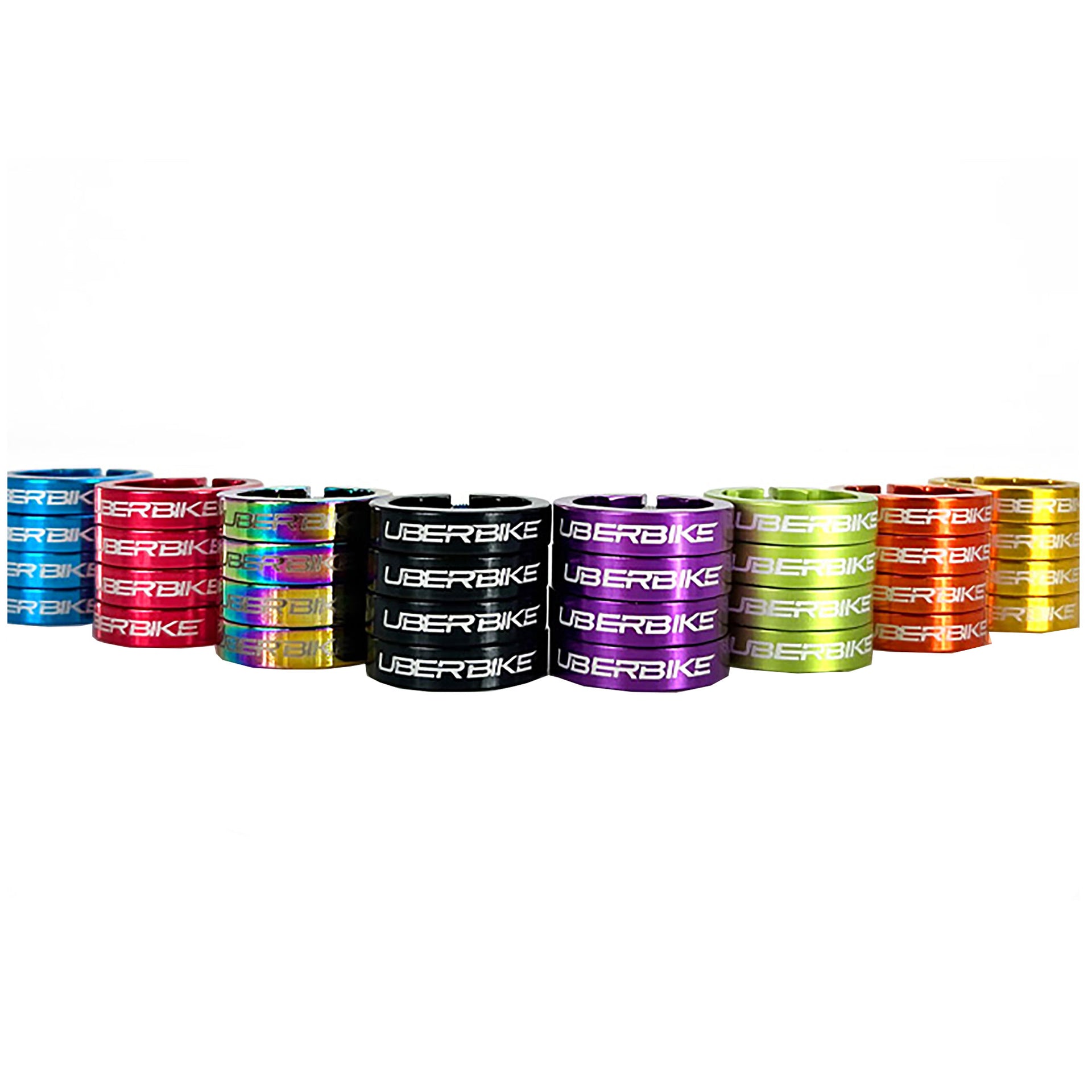 a collection of different colored lock rings for mountain bike grips on a white background
