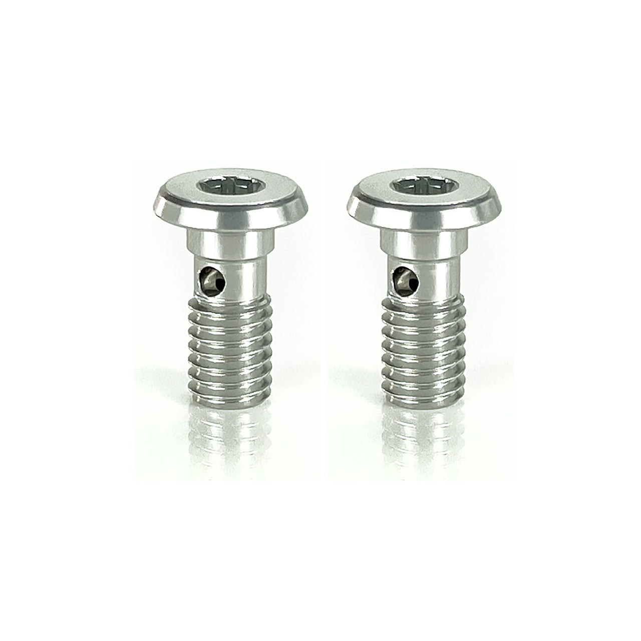 Two silver metal flat-head alloy banjo bolts with threaded shafts, shown side by side on a clean white background 