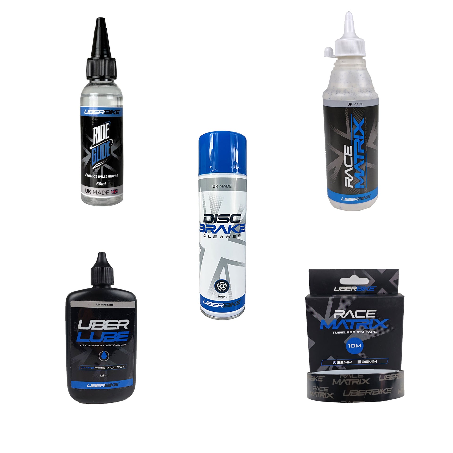 A variety of Uberbike bike maintenance products on a white background