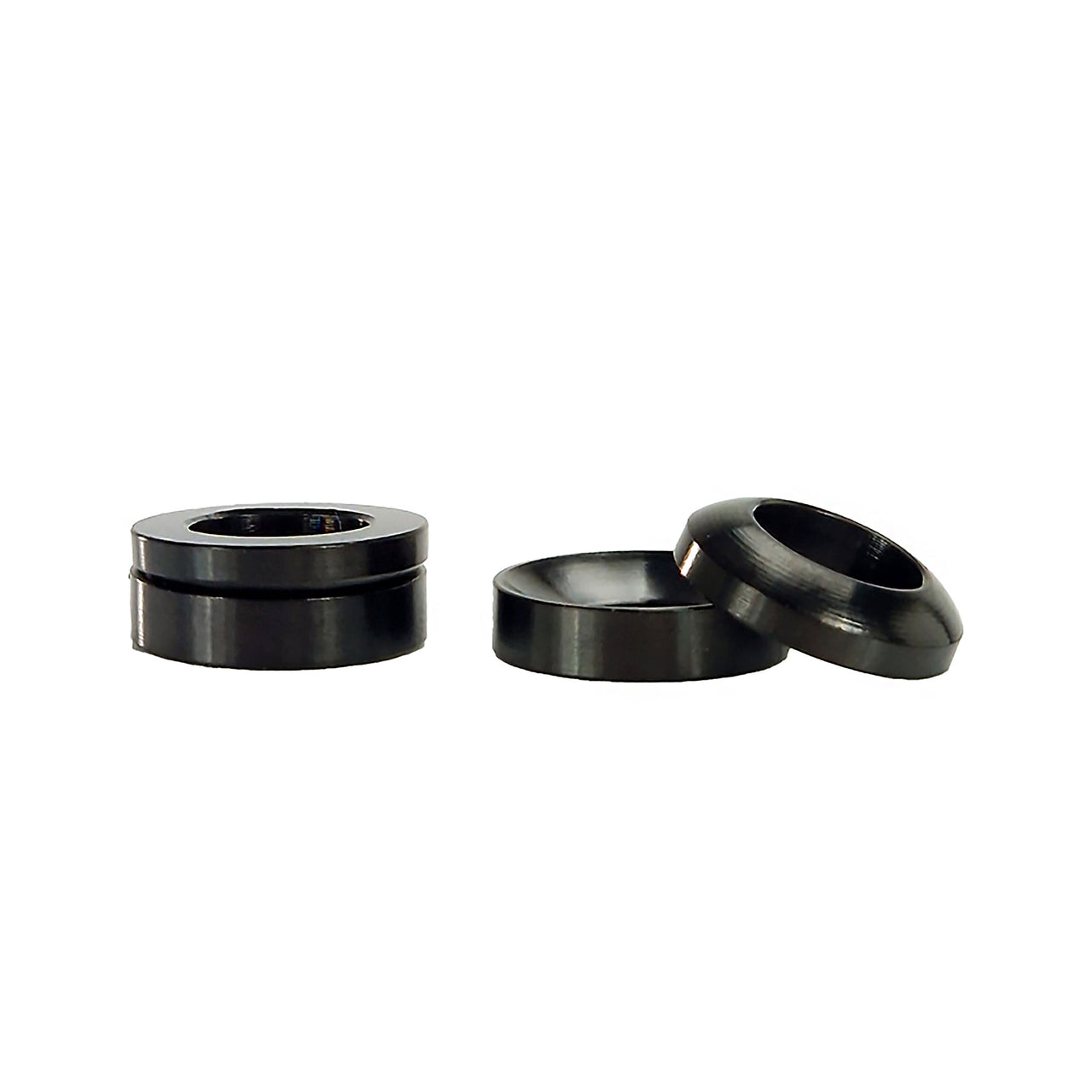 4 black cup and cone washers on white background
