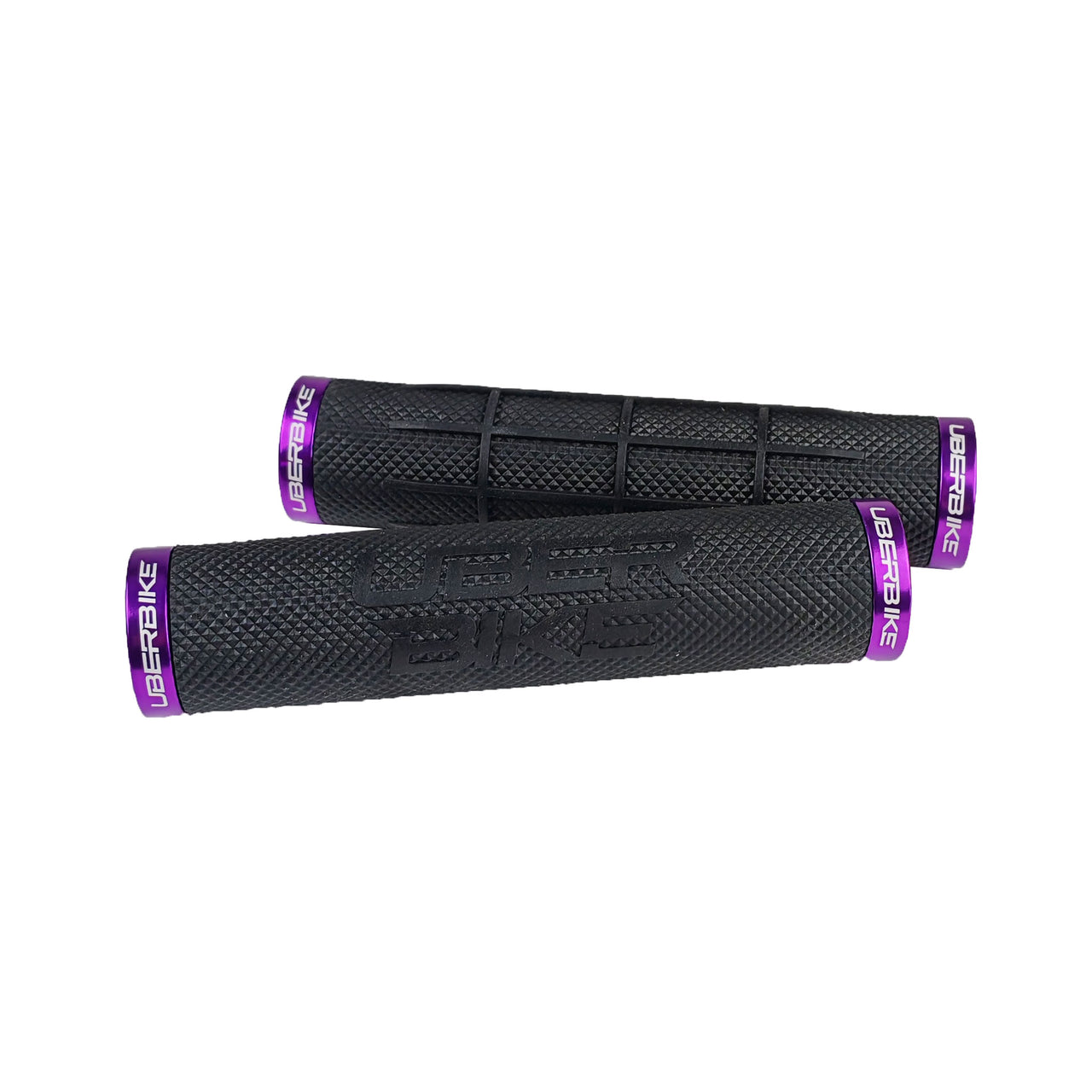 2 black fat grip mountain bike grips with uberbike branding and PURPLE lockrings on a white background