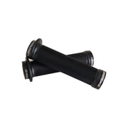 2 black flange mountain bike grips with black lockrings and uberbike branding on a white background