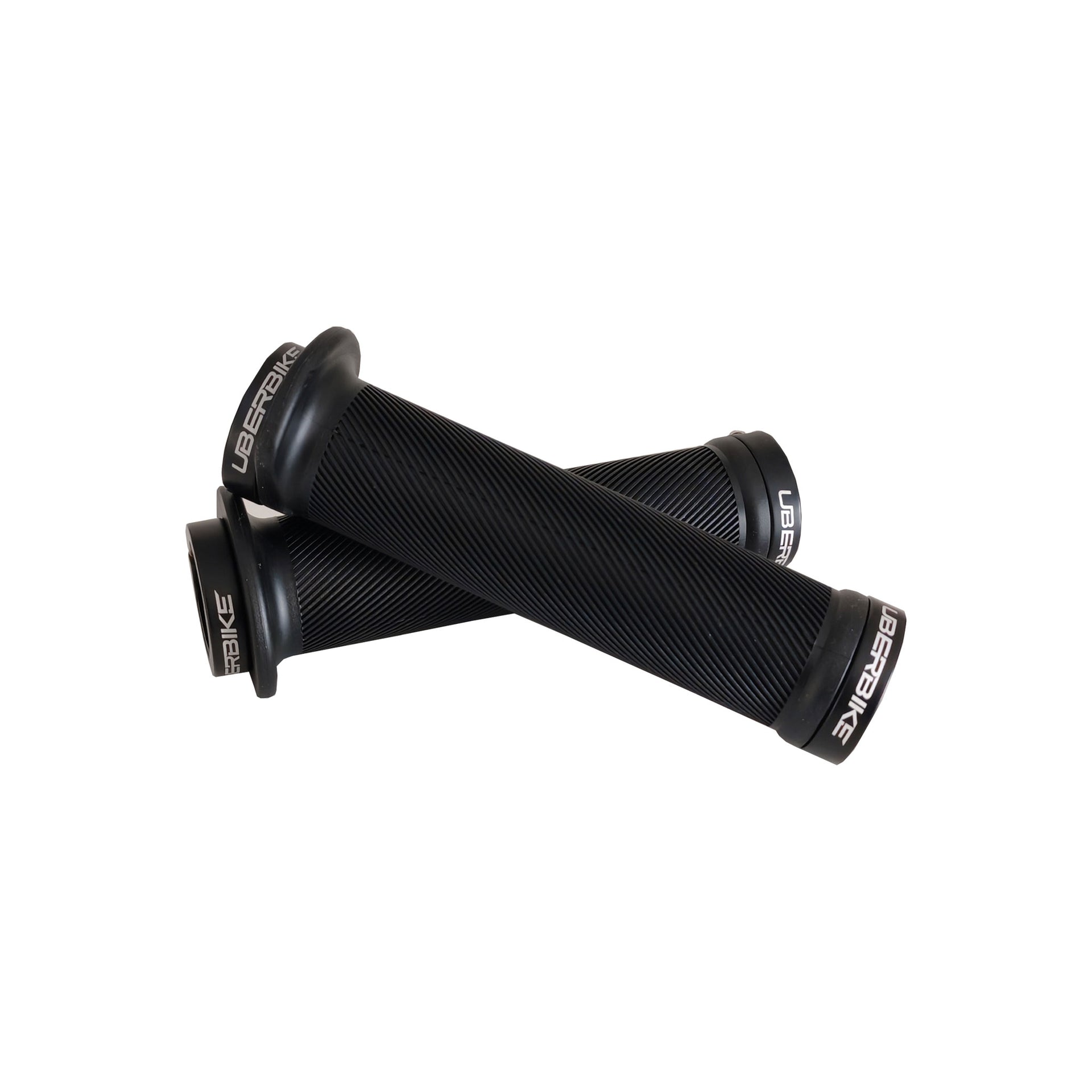 2 black flange mountain bike grips with black lockrings and uberbike branding on a white background