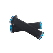2 black flange mountain bike grips with  blue lockrings and uberbike branding on a white background