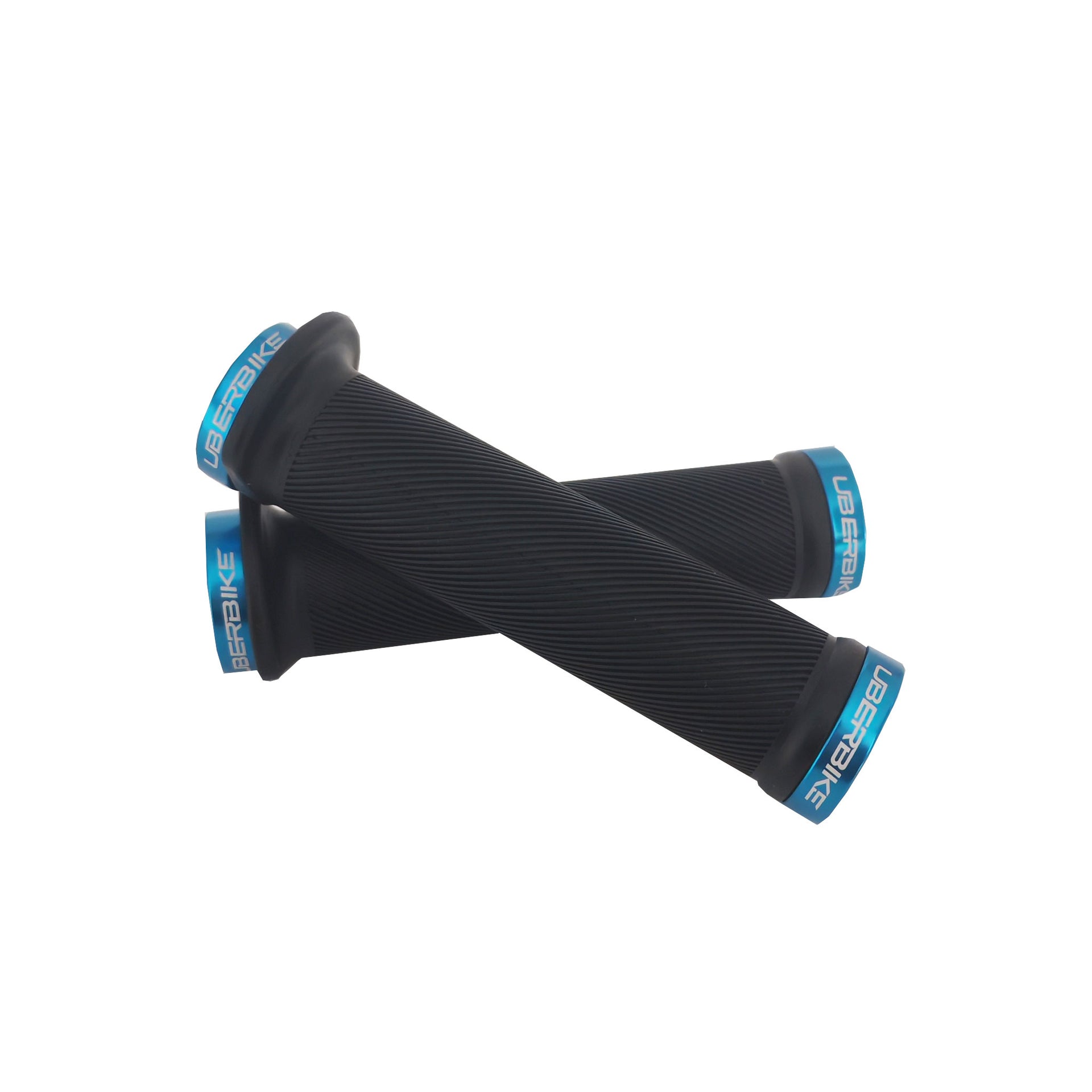 2 black flange mountain bike grips with  blue lockrings and uberbike branding on a white background