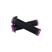 2 black flange mountain bike grips with purple lockrings and uberbike branding on a white background