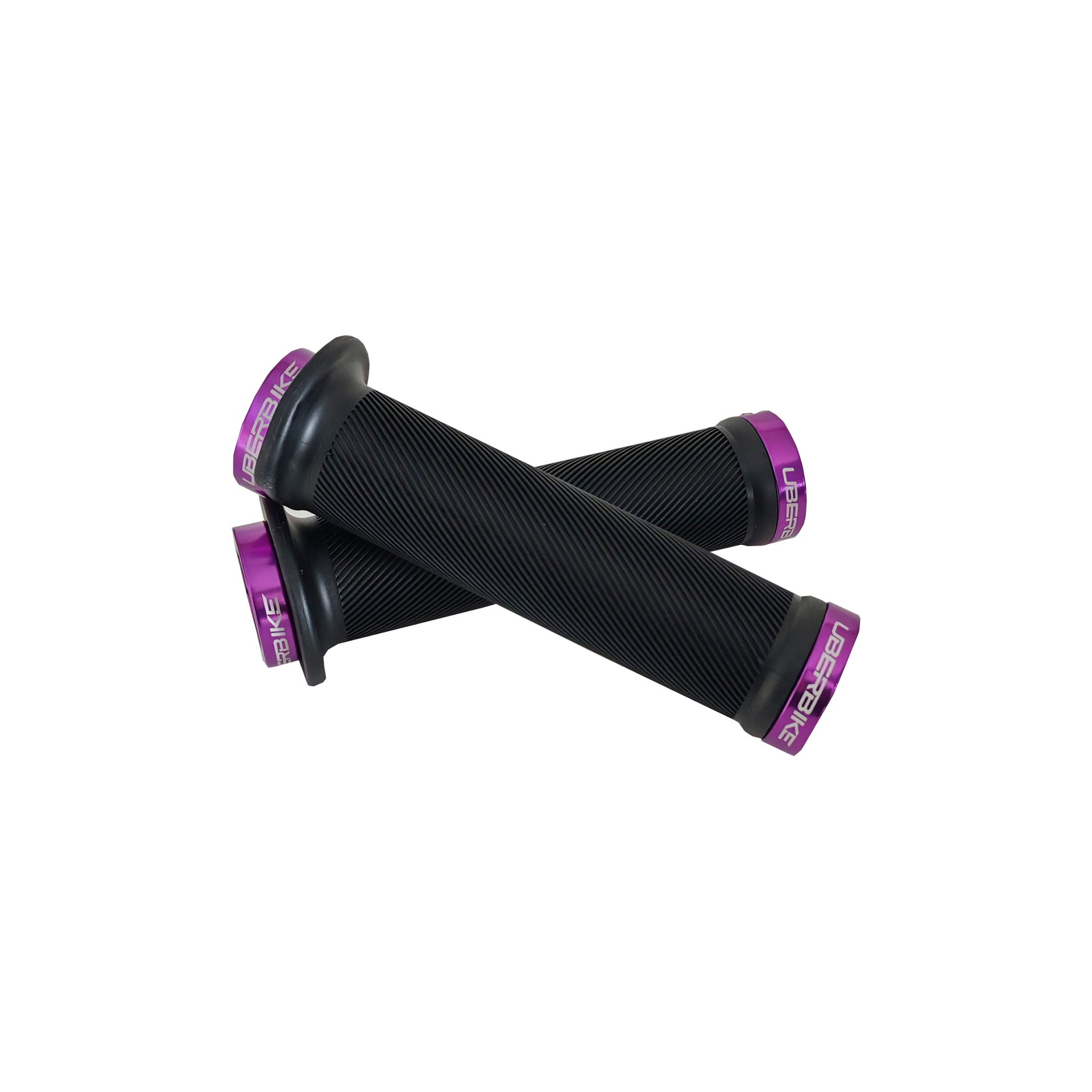 2 black flange mountain bike grips with purple lockrings and uberbike branding on a white background