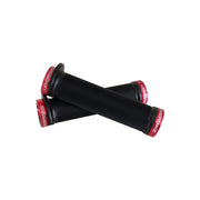 2 black flange mountain bike grips with red lockrings and uberbike branding on a white background