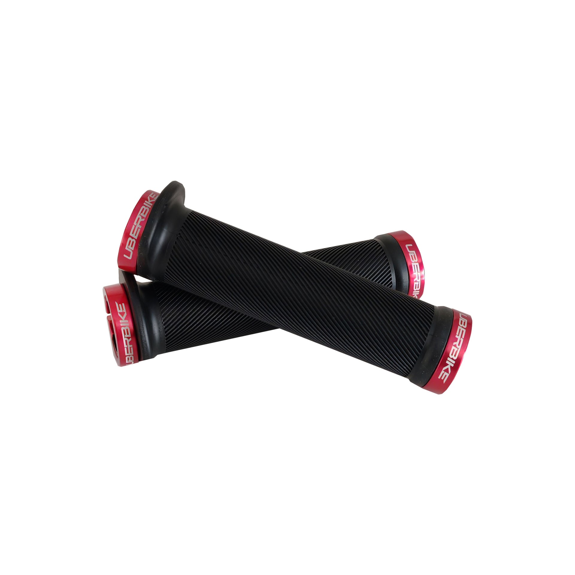 2 black flange mountain bike grips with red lockrings and uberbike branding on a white background
