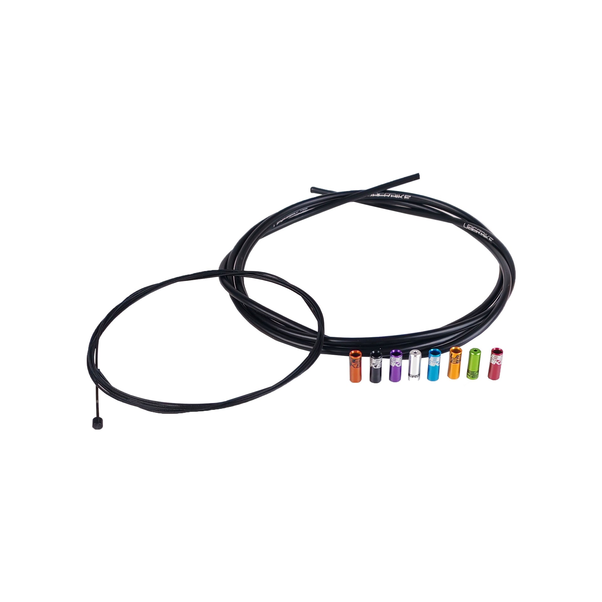 Black bicycle gear cable set with colorful ferrules on a white background