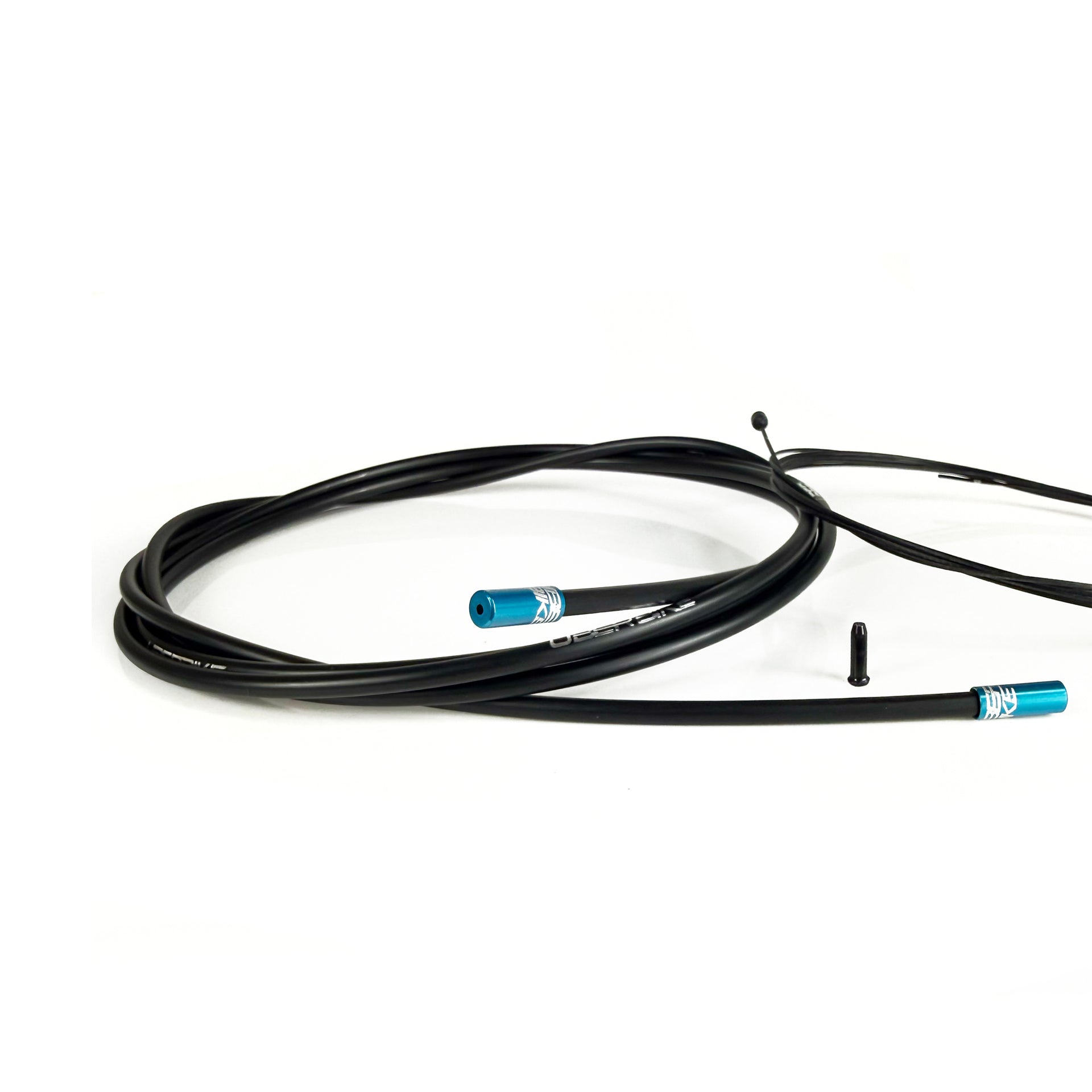black gear cable with blue sealed ferrules on a white background