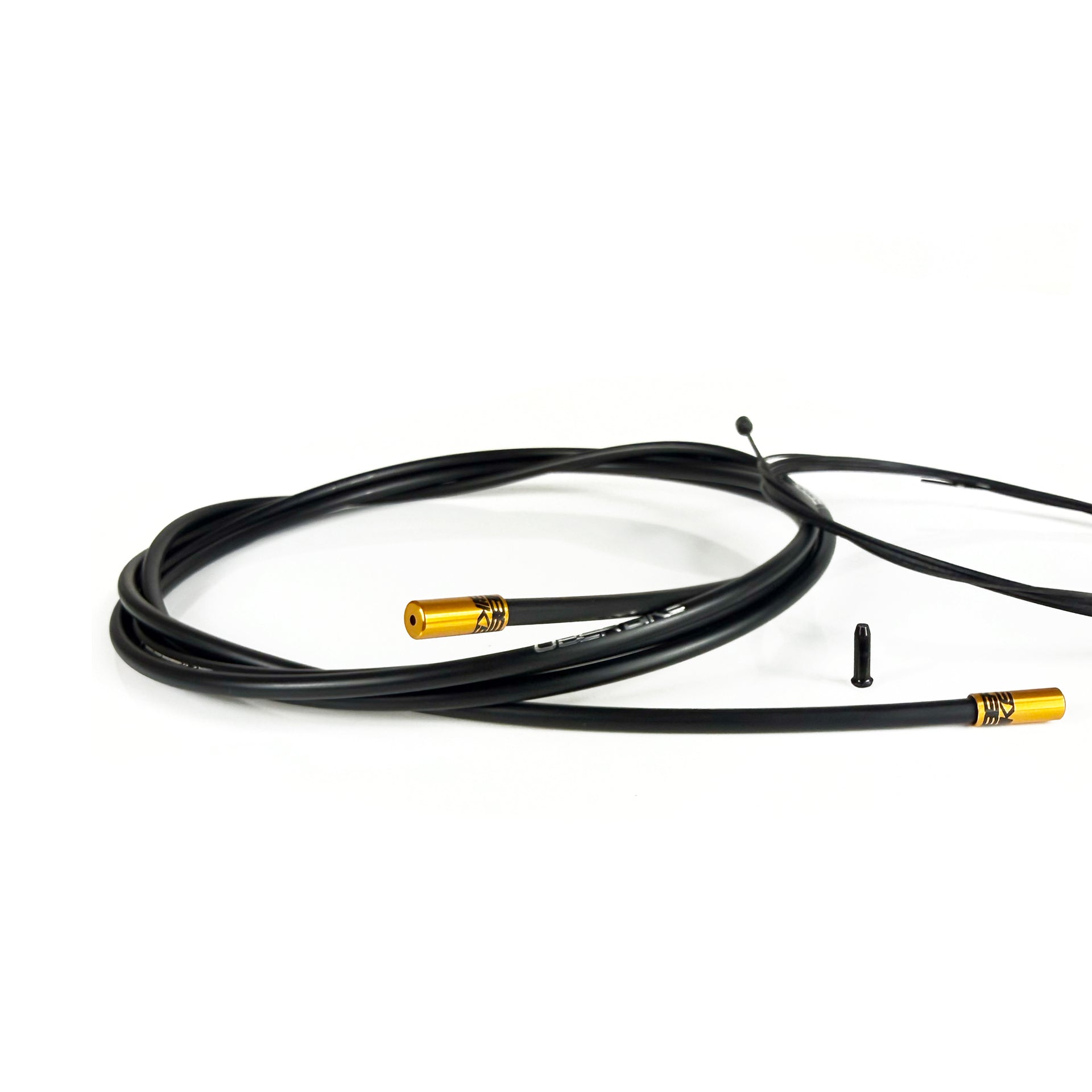 black gear cable with gold sealed ferrules on a white background