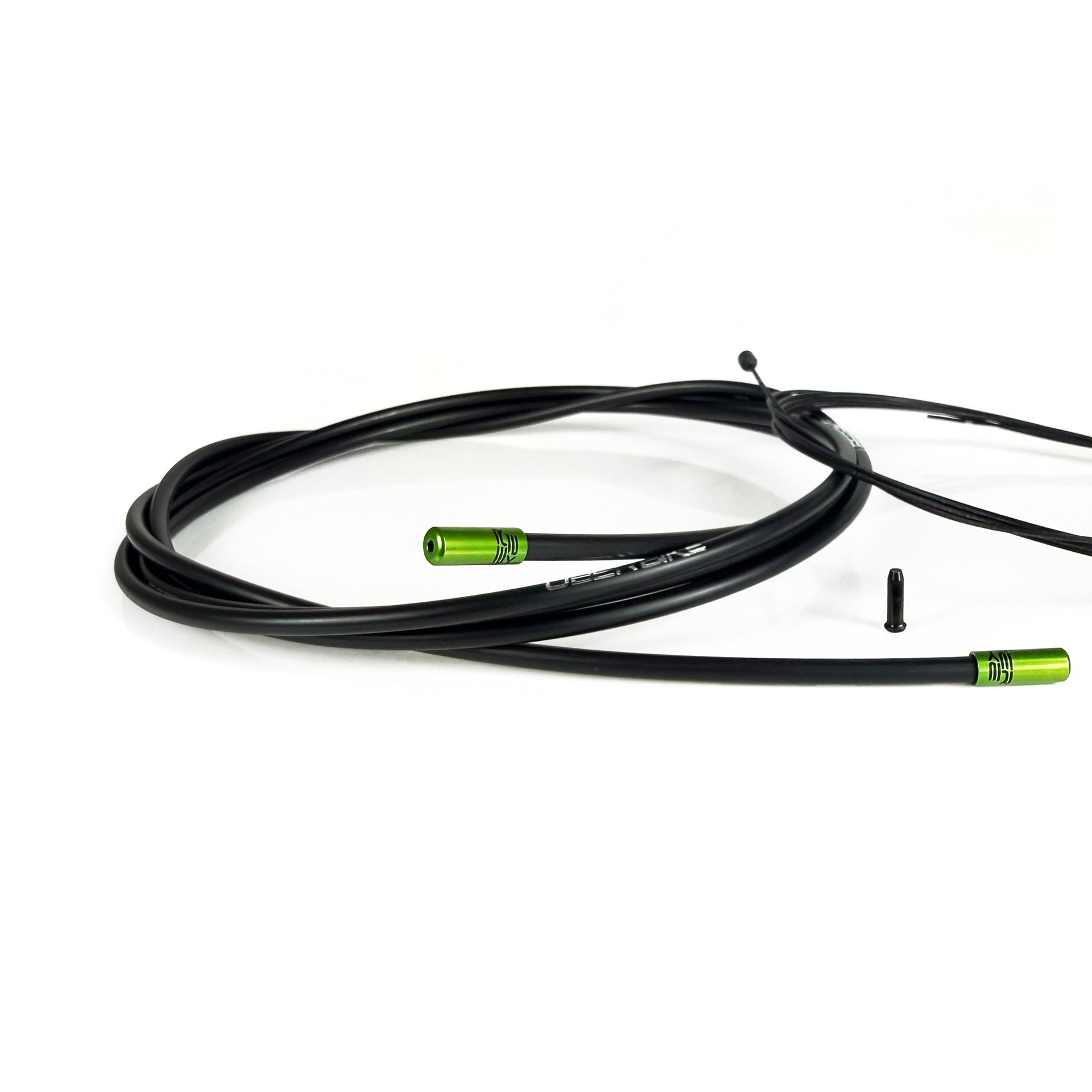 black gear cable with green sealed ferrules on a white background