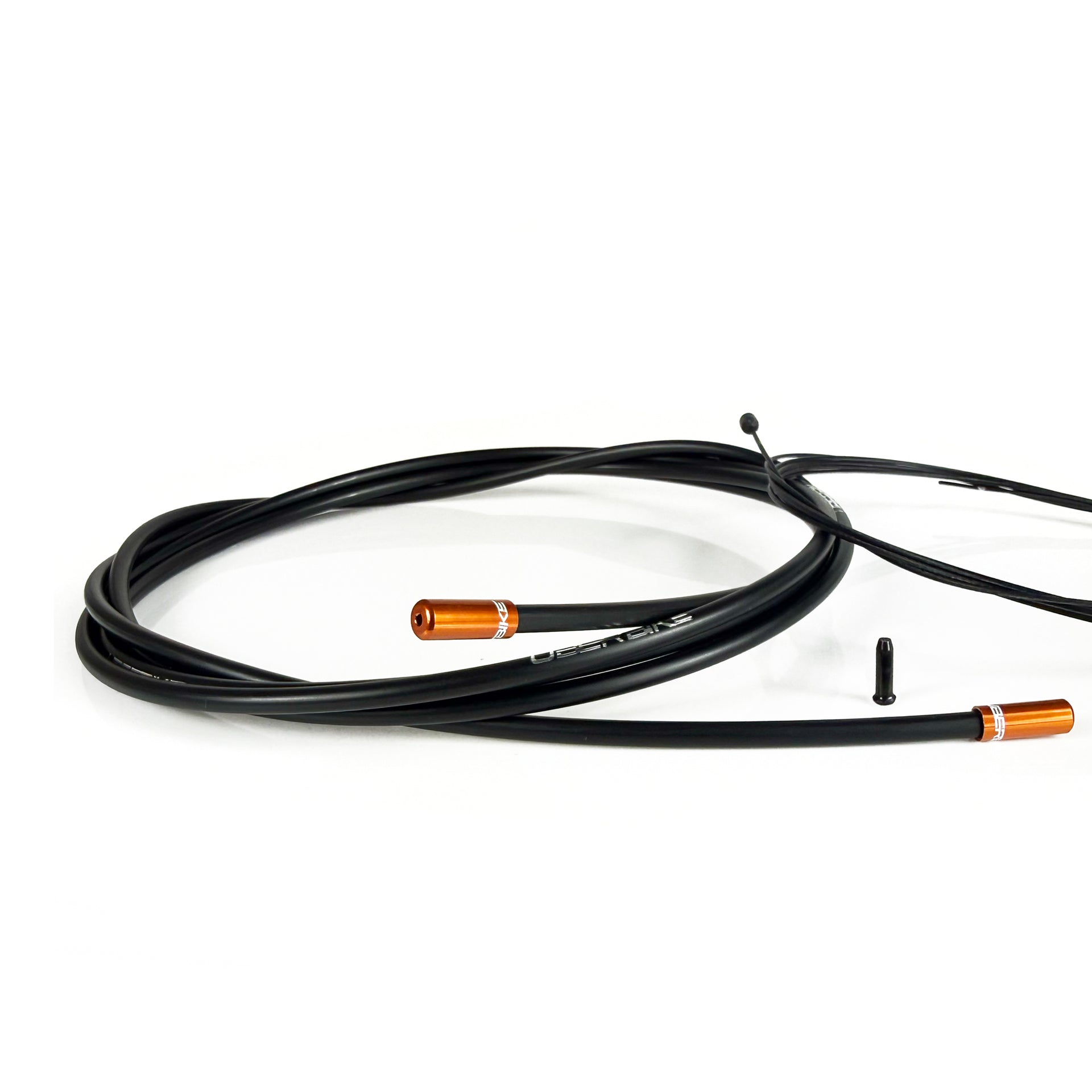 black gear cable with orange sealed ferrules on a white background
