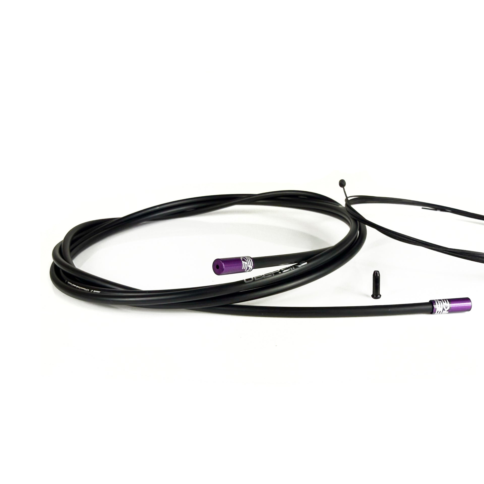black gear cable with purple sealed ferrules on a white background
