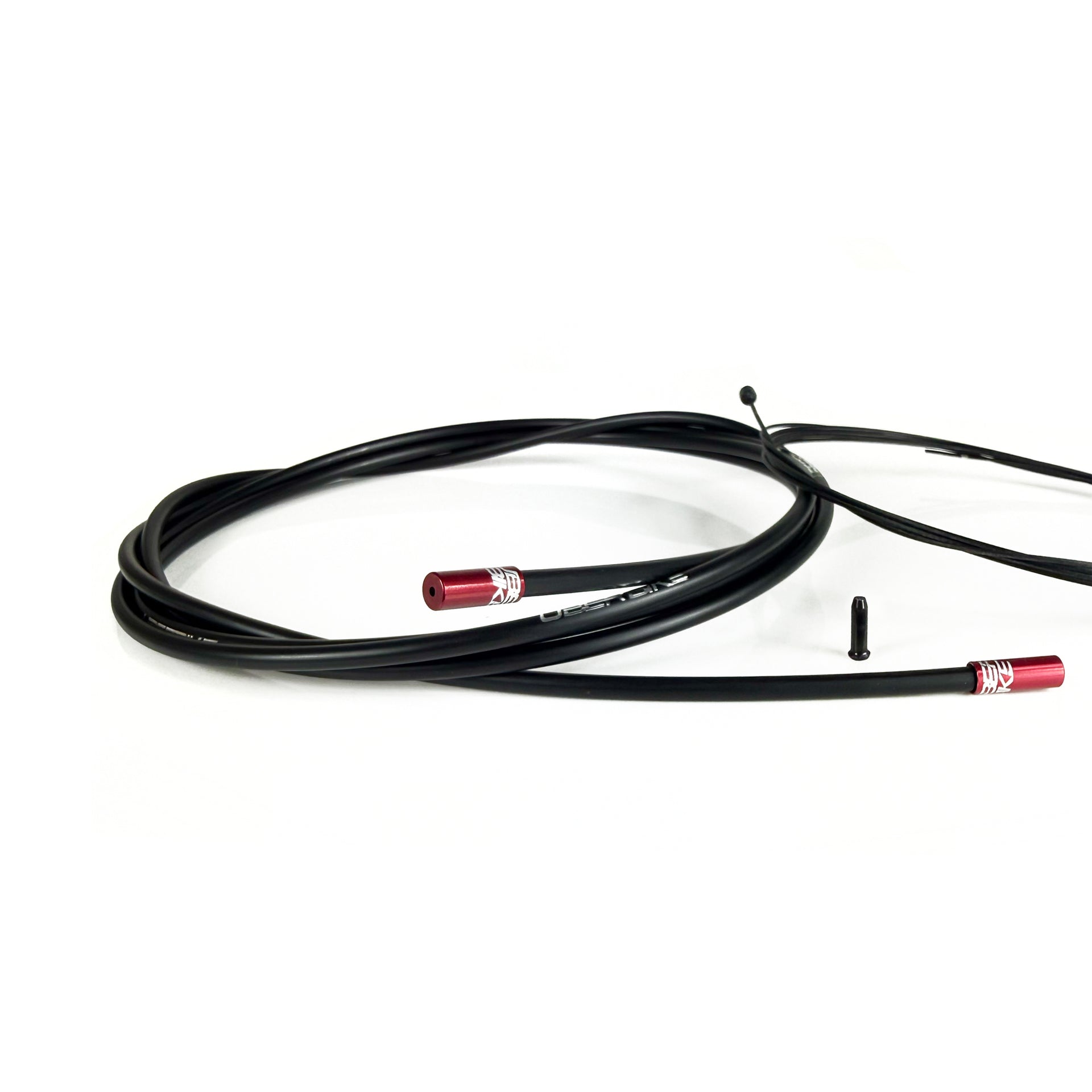black gear cable with red sealed ferrules on a white background