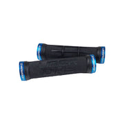 2 black half waffle grip mountain bike grips with uberbike branding and blue lockrings on a white background